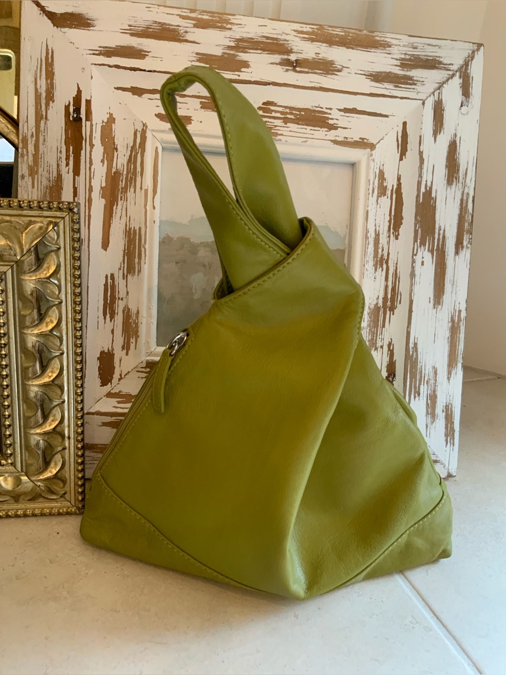 ili New York Olive Green Leather Japanese Knot Wristlet Bag